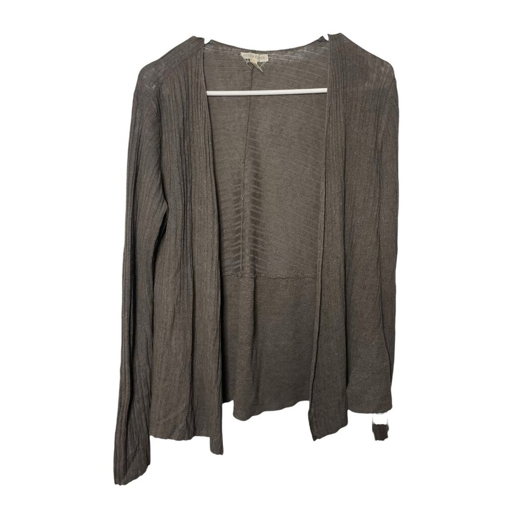 Eileen Fisher Linen Open-Front Ribbed Cardigan Sweater Women’s M Brown